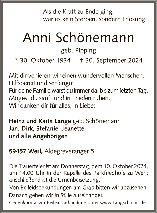 Todesanzeige von Anni Schönemann von WA