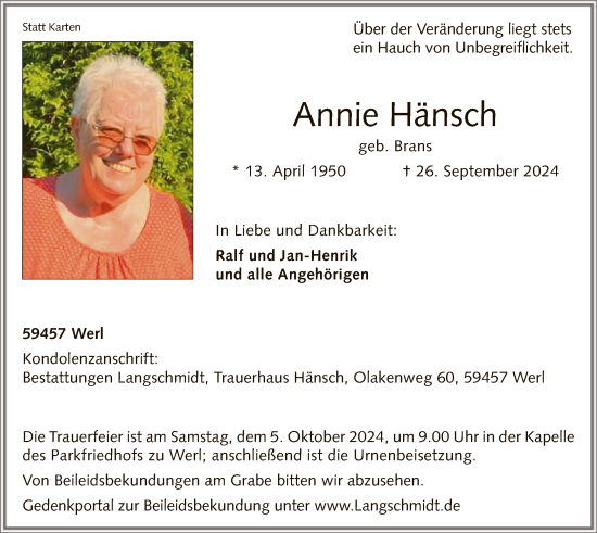 Todesanzeige von Annie Hänsch von WA