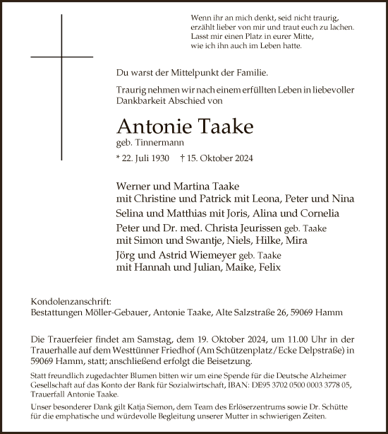 Todesanzeige von Antonie Taake von WA