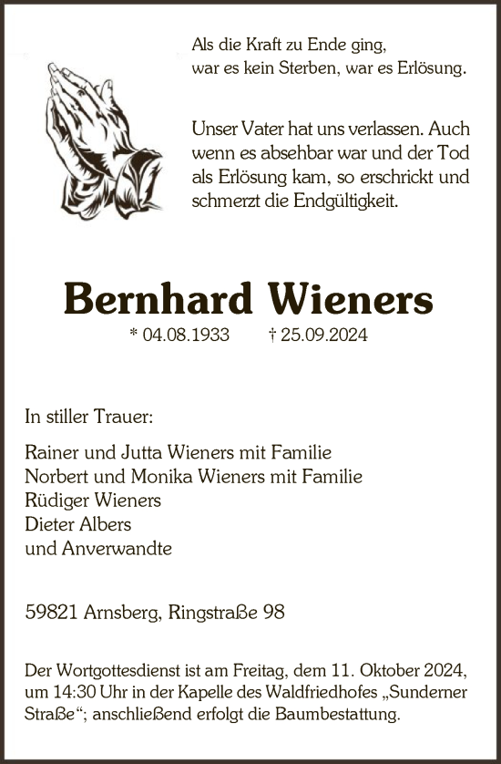 Todesanzeige von Bernhard Wieners von WA