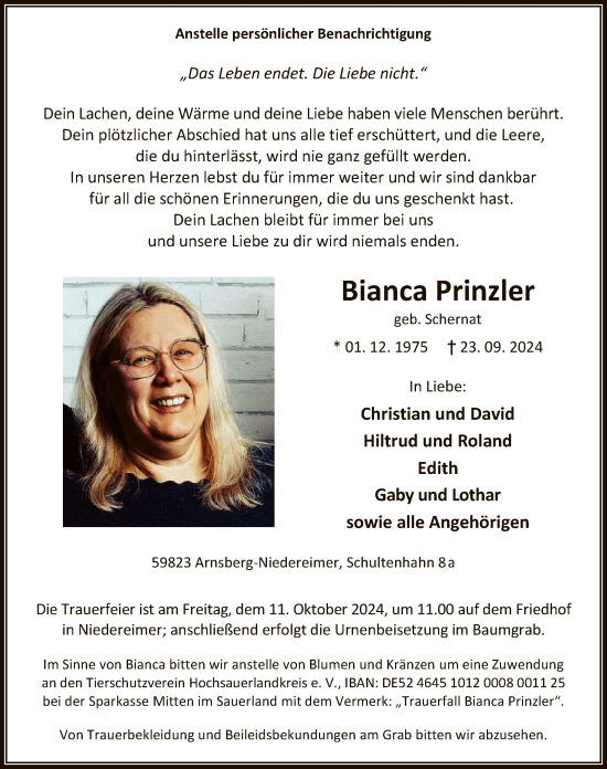 Todesanzeige von Bianca Prinzler von WA