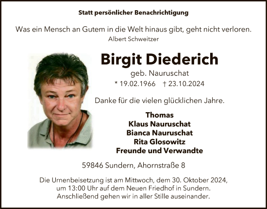 Todesanzeige von Birgit Diederich von WA