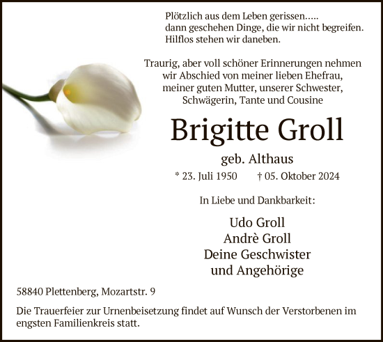 Todesanzeige von Brigitte Groll von WA