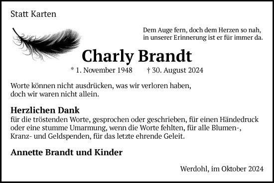 Todesanzeige von Charly Brandt von WA