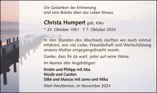 Todesanzeige von Christa Humpert von WA