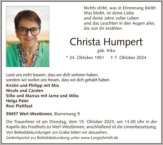 Todesanzeige von Christa Humpert von WA