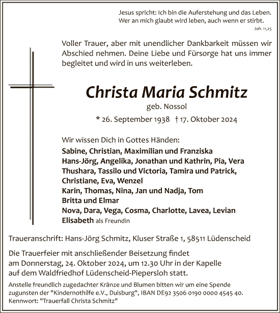 Todesanzeige von Christa Maria Schmitz von WA