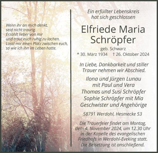 Todesanzeige von Elfriede Maria Schröpfer von WA