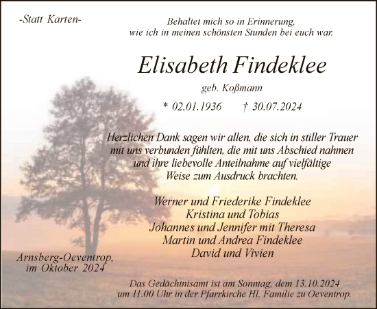 Todesanzeige von Elisabeth Findeklee von WA