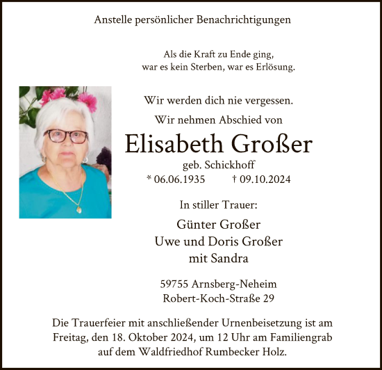 Todesanzeige von Elisabeth Großer von WA