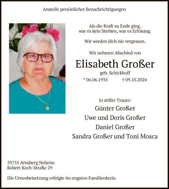 Todesanzeige von Elisabeth Großer von WA