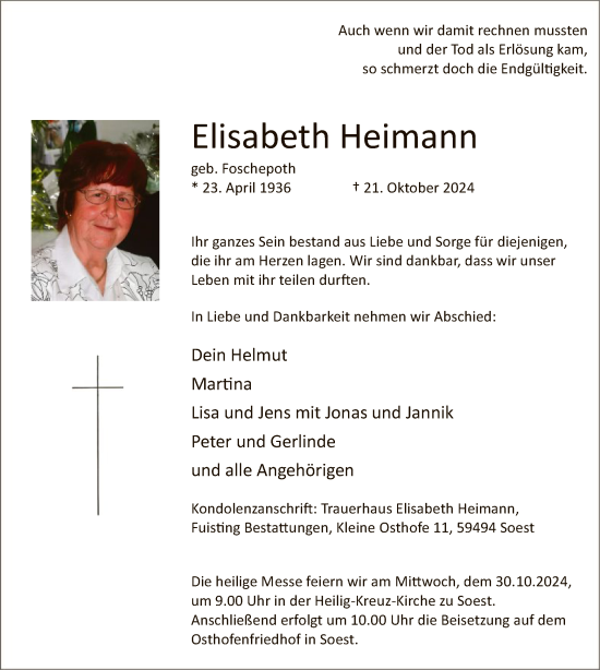 Todesanzeige von Elisabeth Heimann von WA