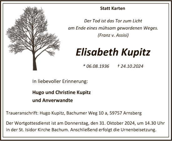 Todesanzeige von Elisabeth Kupitz von WA