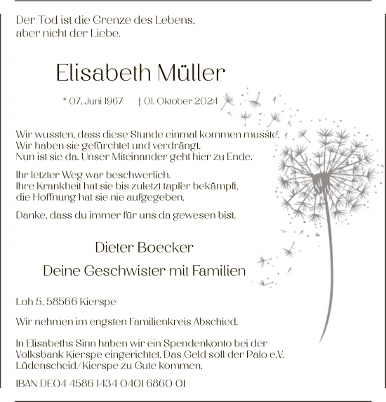 Todesanzeige von Elisabeth Müller von WA