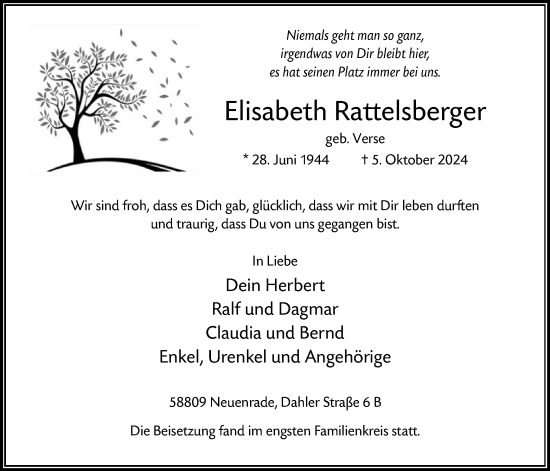 Todesanzeige von Elisabeth Rattelsberger von WA