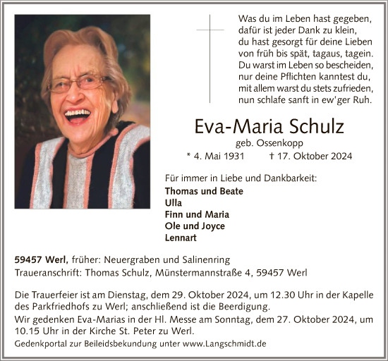 Todesanzeige von Eva-Maria Schulz von WA