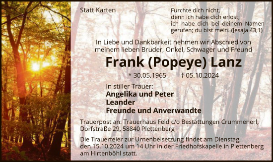 Todesanzeige von Frank Lanz von WA