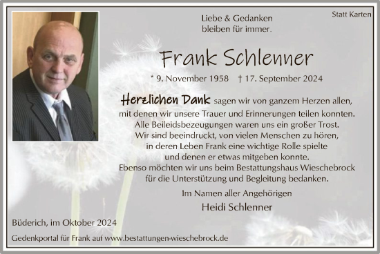 Todesanzeige von Frank Schlenner von WA