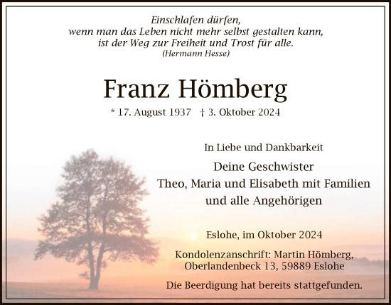 Todesanzeige von Franz Hömberg von WA