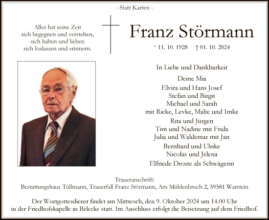 Todesanzeige von Franz Störmann von WA