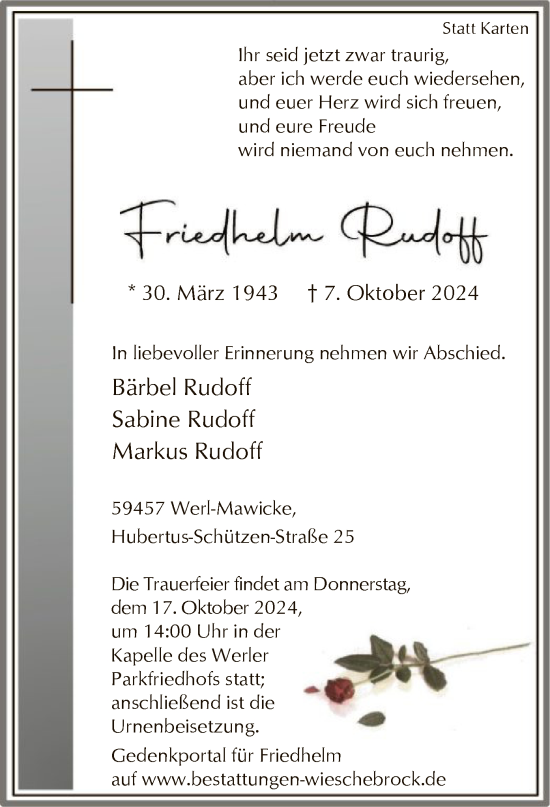 Todesanzeige von Friedhelm Rudoff von WA