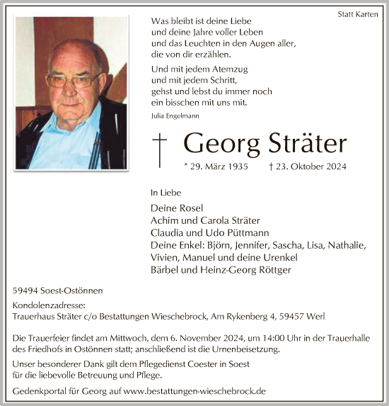 Todesanzeige von Georg Sträter von WA