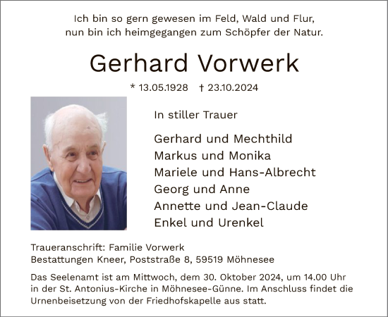 Todesanzeige von Gerhard Vorwerk von WA