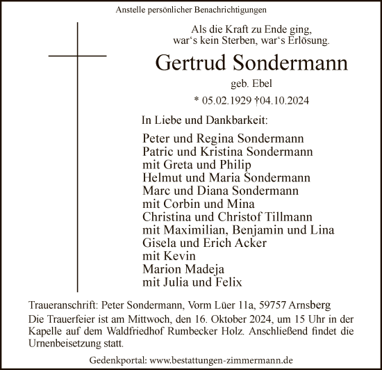 Todesanzeige von Gertrud Sondermann von WA