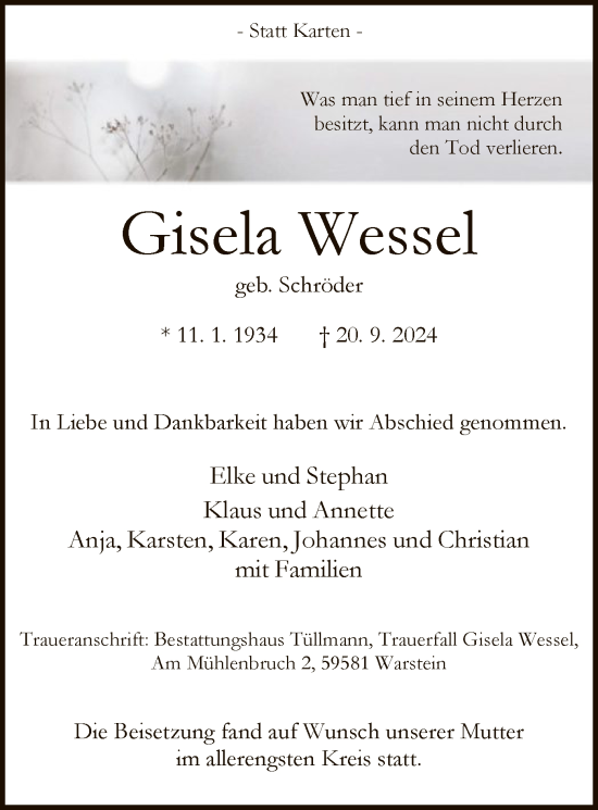 Todesanzeige von Gisela Wessel von WA