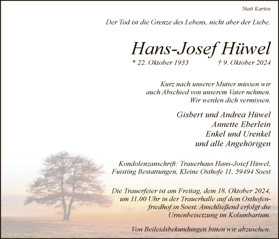 Todesanzeige von Hans-Josef Hüwel von WA