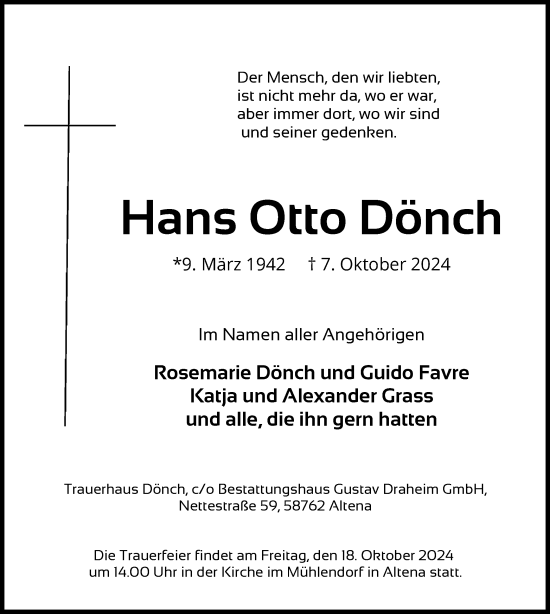 Todesanzeige von Hans Otto Dönch von WA