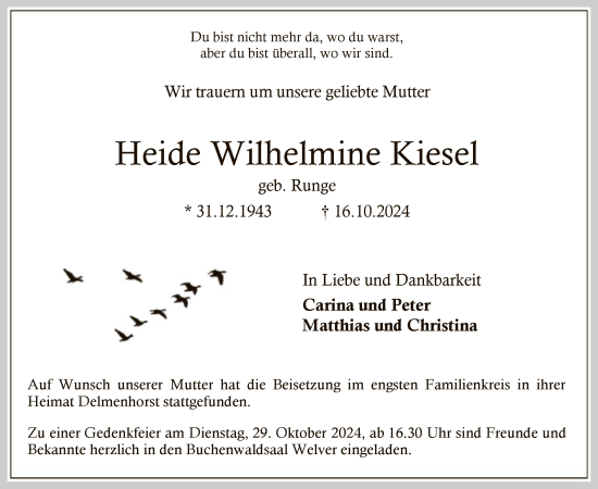 Todesanzeige von Heide Wilhelmine Kiesel von WA