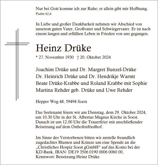 Todesanzeige von Heinz Drüke von WA