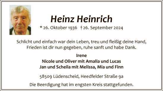 Todesanzeige von Heinz Heinrich von WA