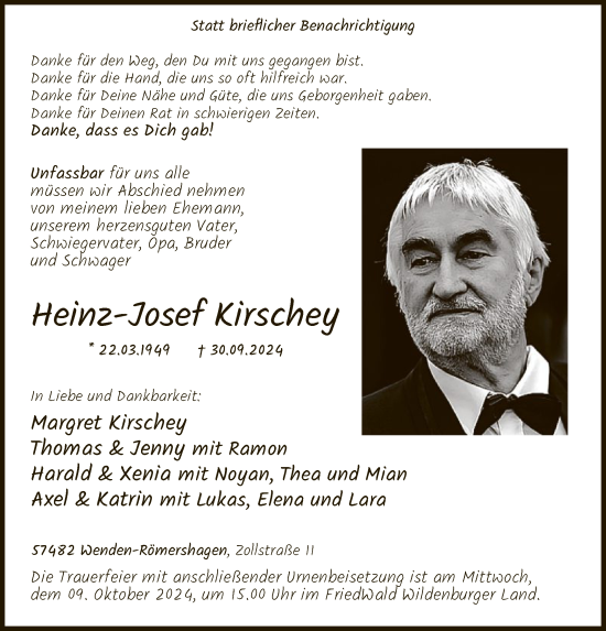 Todesanzeige von Heinz-Josef Kirschey von WA