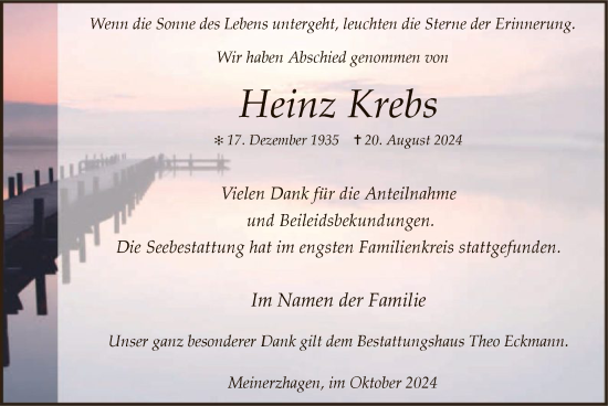 Todesanzeige von Heinz Krebs von WA