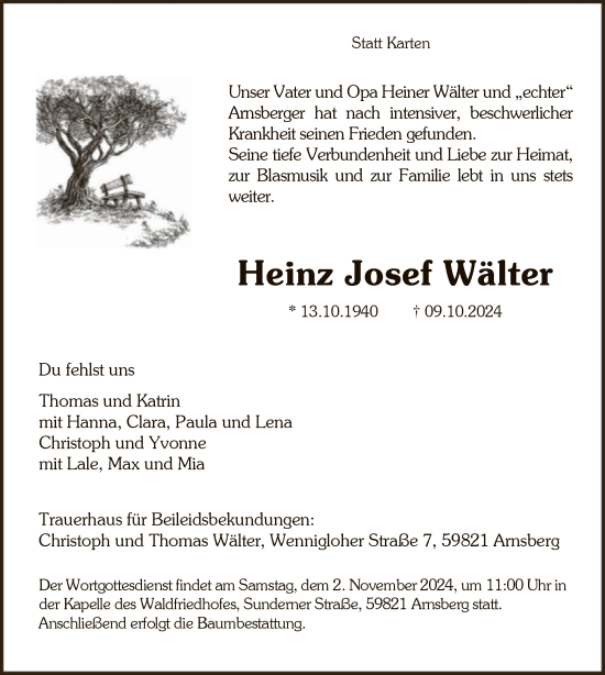 Todesanzeige von Heinz Josef Wälter von WA