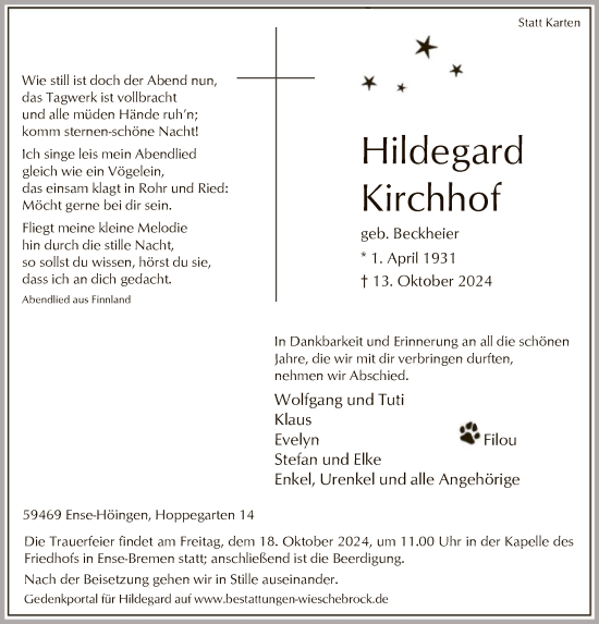 Todesanzeige von Hildegard Kirchhof von WA