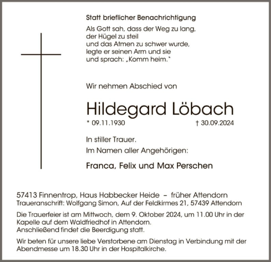 Todesanzeige von Hildegard Löbach von WA