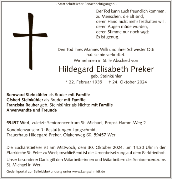 Todesanzeige von Hildegard Elisabeth Preker von WA