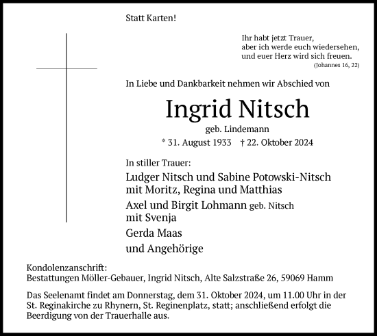 Todesanzeige von Ingrid Nitsch von WA