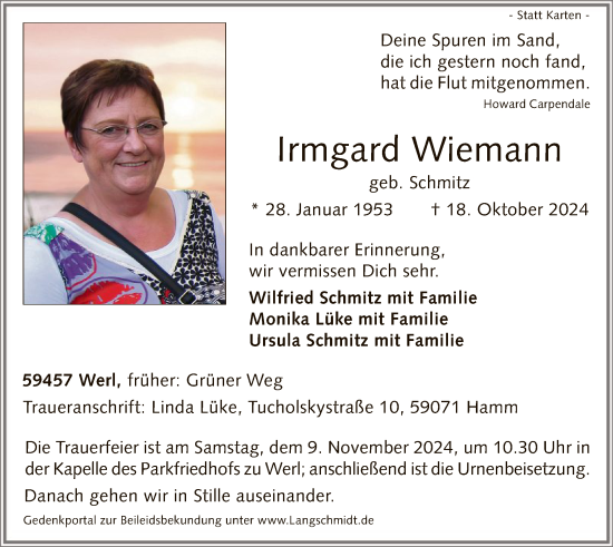 Todesanzeige von Irmgard Wiemann von WA