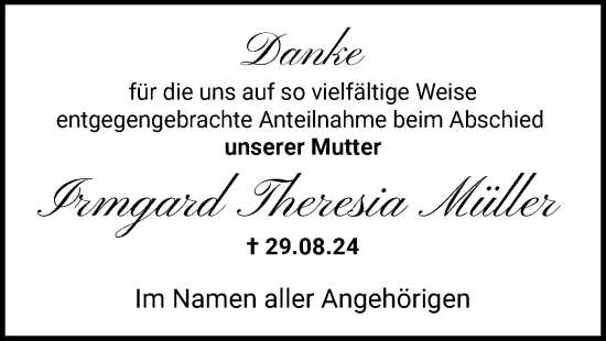 Todesanzeige von Irmgard Theresia Müller von WA