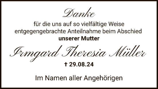 Todesanzeige von Irmgard Theresia Müller von WA