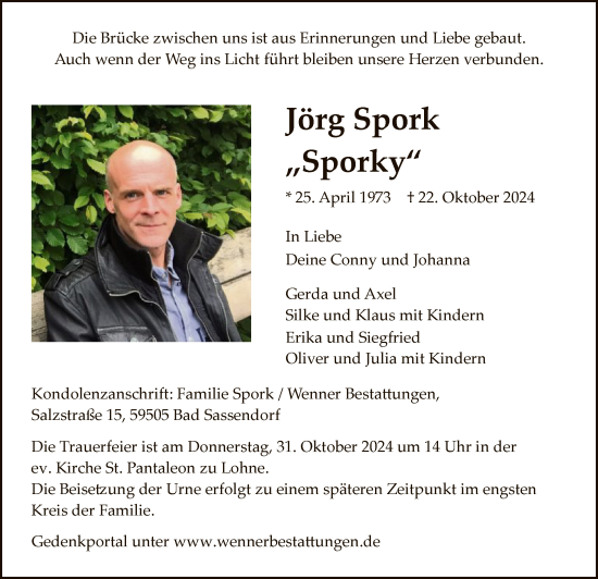 Todesanzeige von Jörg Spork von WA