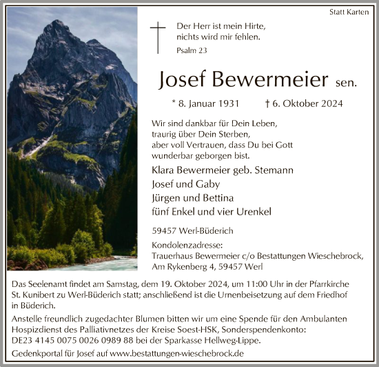 Todesanzeige von Josef Bewermeier von WA