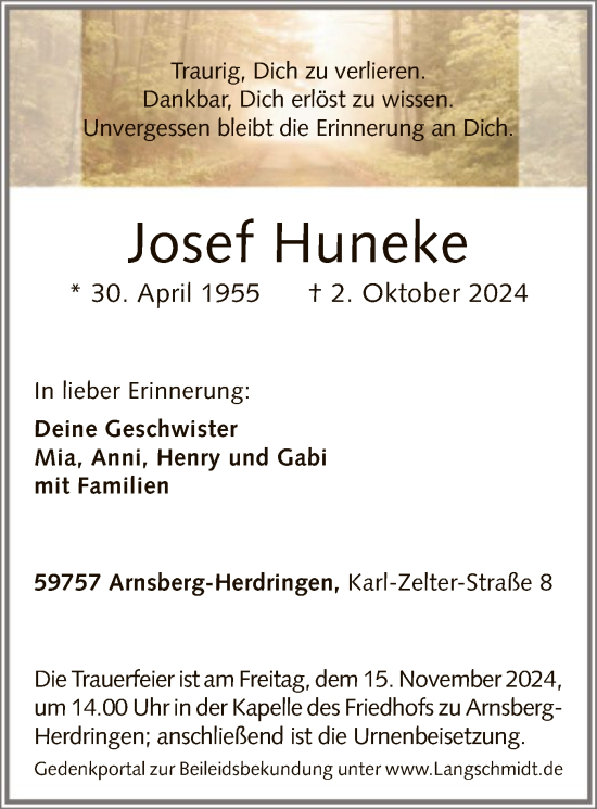 Todesanzeige von Josef Huneke von WA