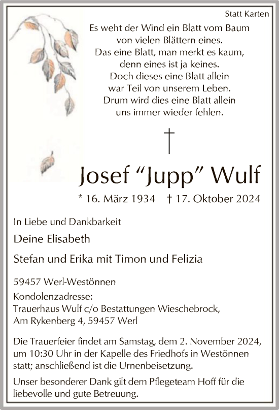 Todesanzeige von Josef Wulf von WA