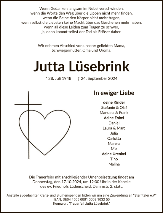 Todesanzeige von Jutta Lüsebrink von WA