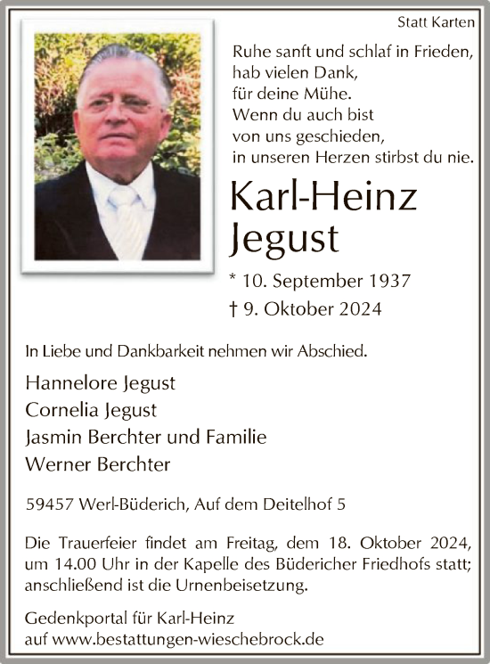 Todesanzeige von Karl-Heinz Jegust von WA